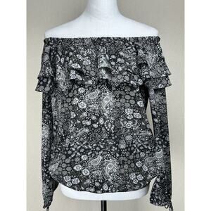 Michael Kors Sz S Black Paisley Print Ruffle Off-The-Shoulder Top Long Sleeves